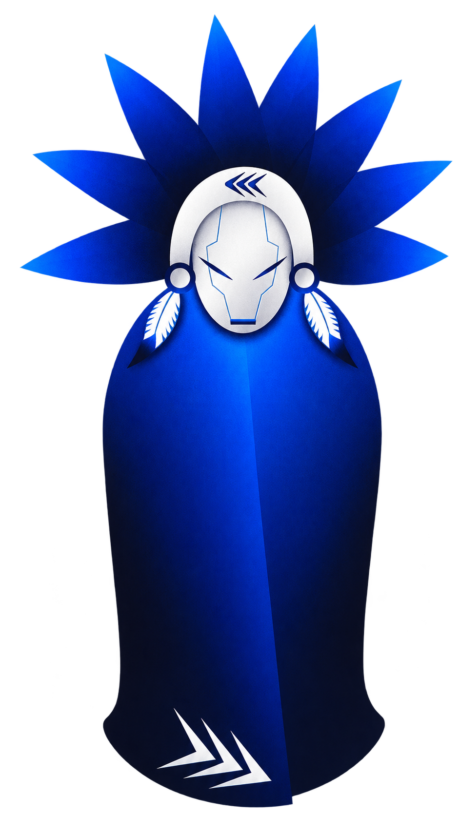 Mascote original da AJ: personagem de manto azul, máscara prateada e adorno azul
